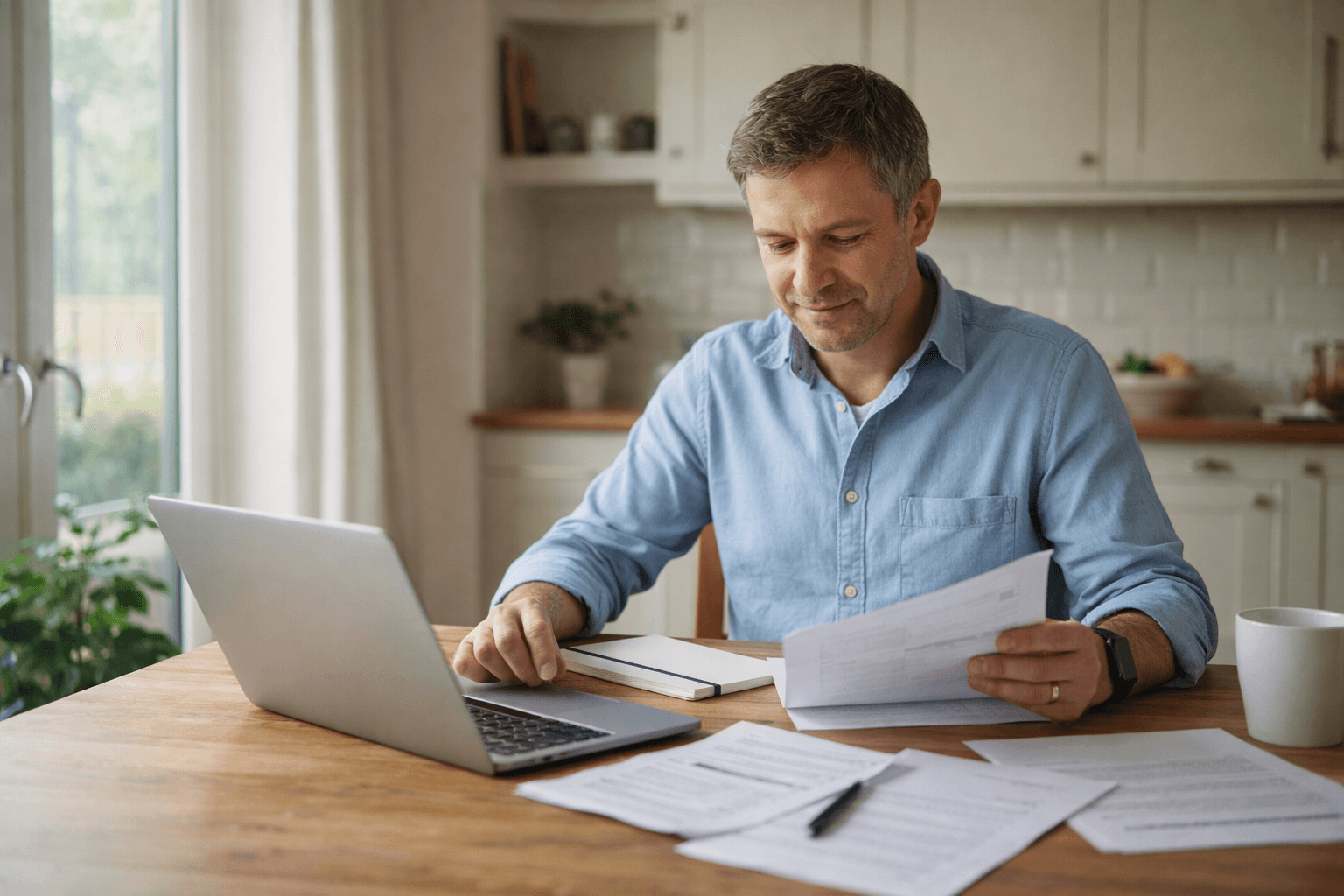 Person reviewing documents at home while preparing claim paperwork.